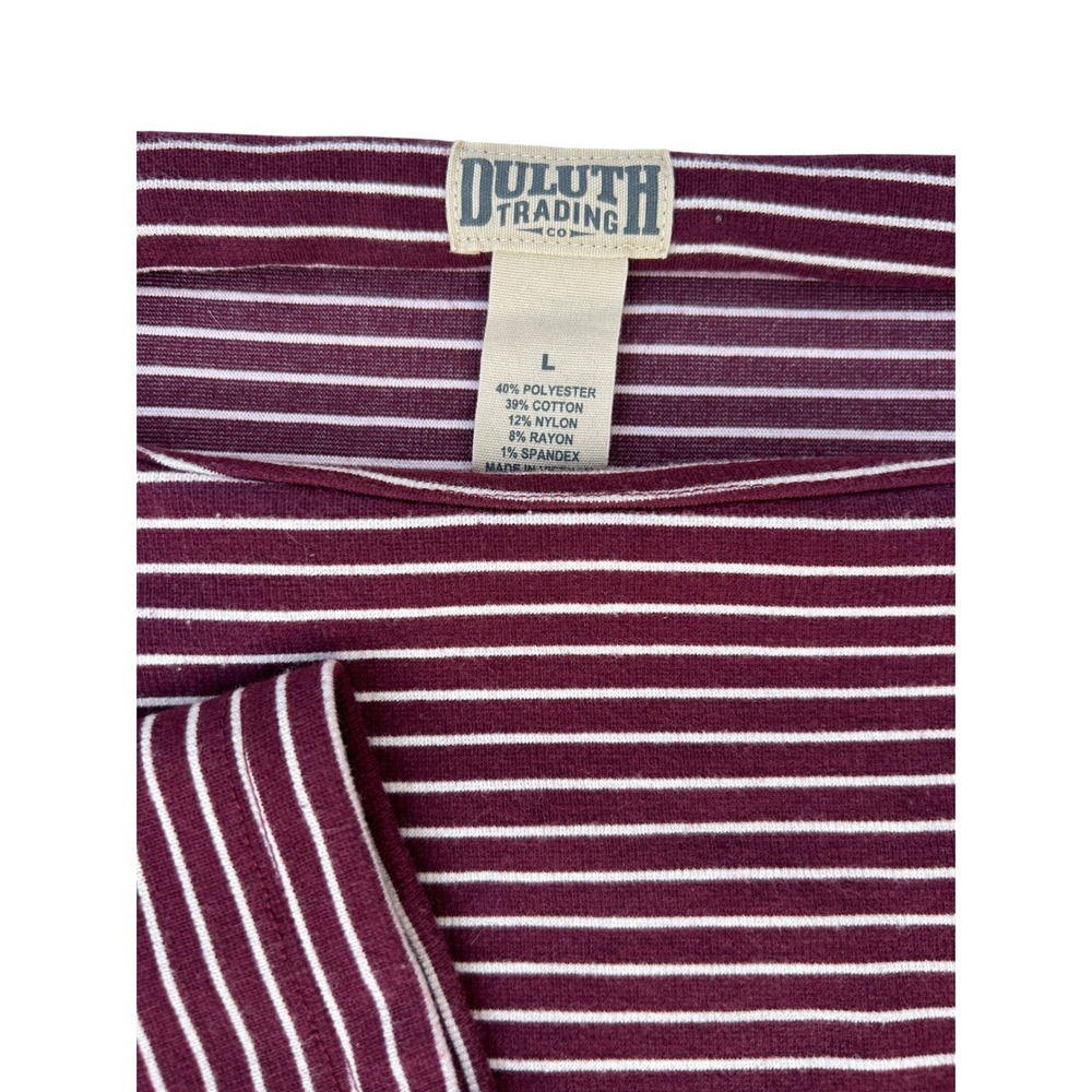 Women's Striped Long Sleeve Dress Duluth Trading Maroon/White Knit Sz-Large Midi